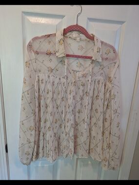 Lauren Conrad Flowy Floral Long-Sleeve Pleated  Peasant Blouse Size XL